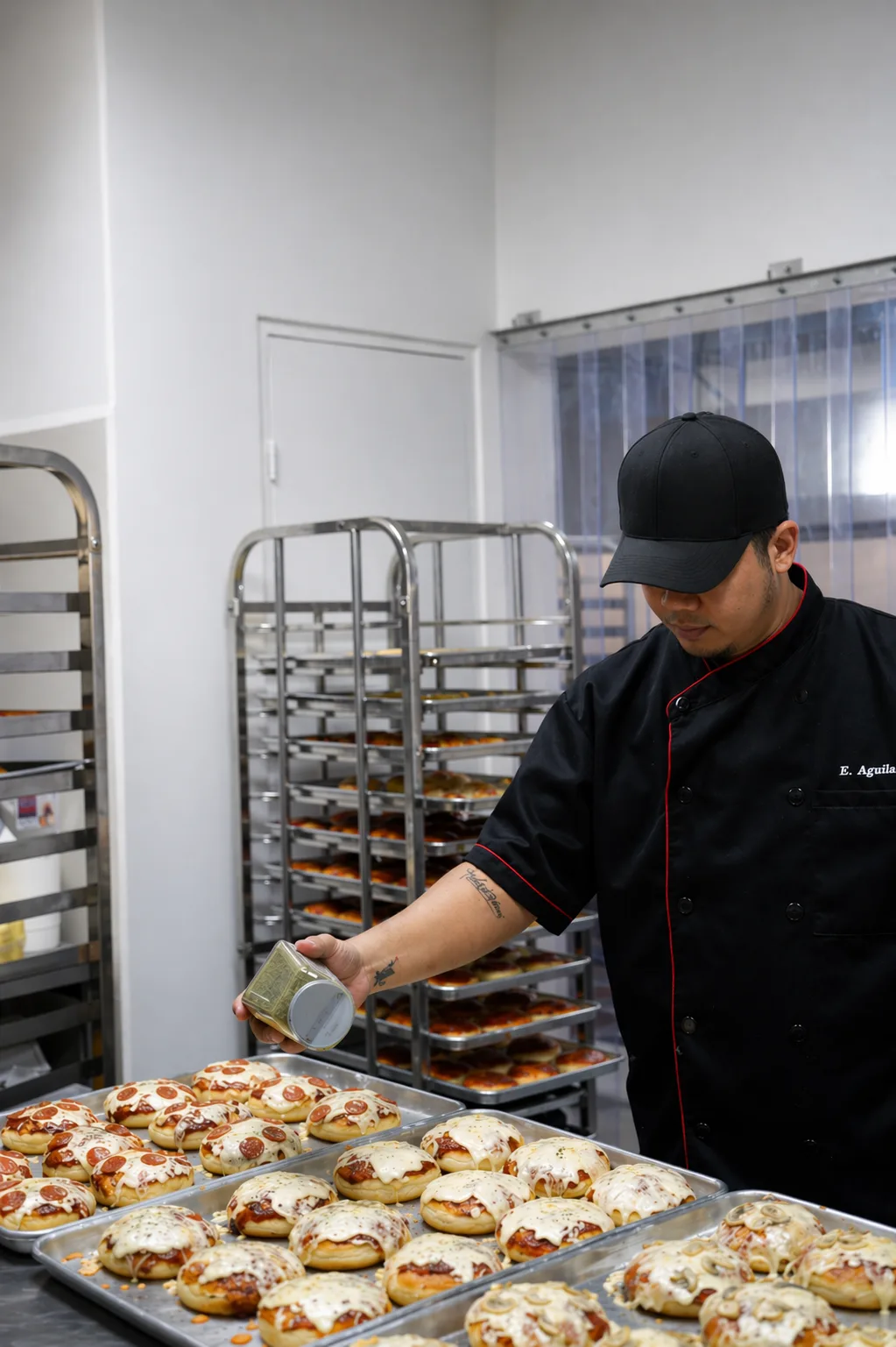 AIRE chef E. Aguilar seasoning trays of pizza bagels beside racks of test bakes in the development kitchen